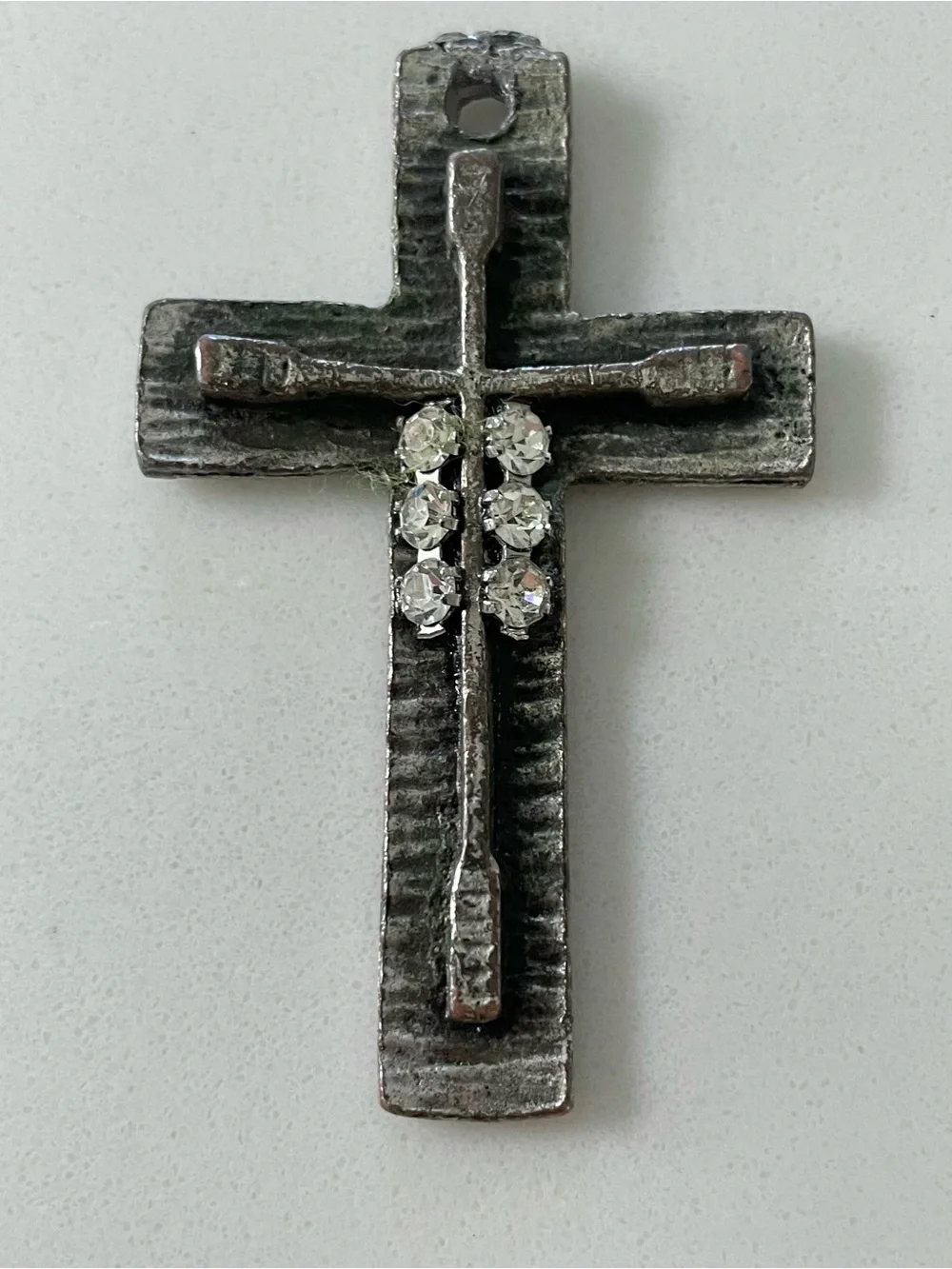 Vintage Hammered Metal Cross Pendant With Rhinestone Accents